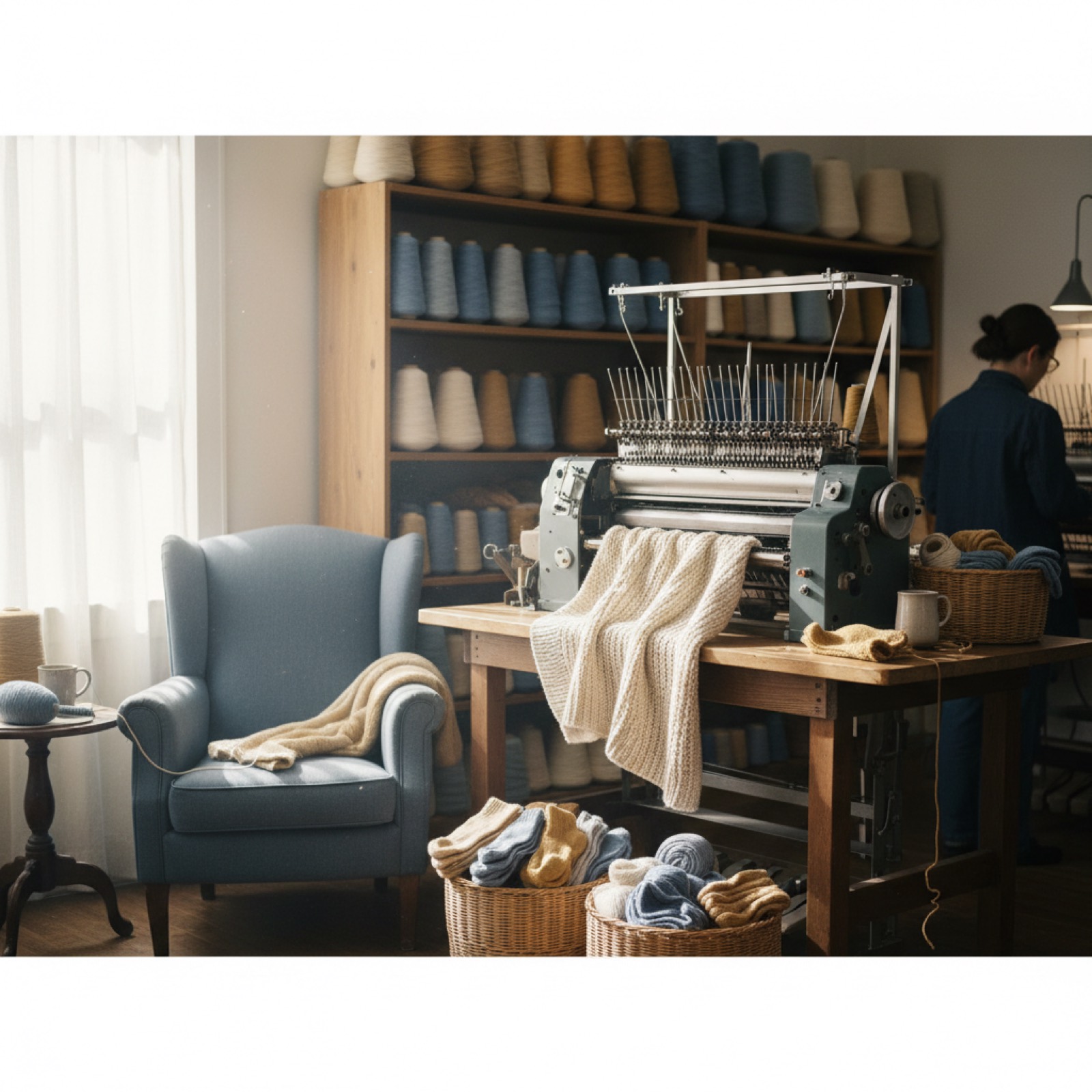 L'atelier Cottonmere : cônes de fil, machine à tricoter et chaussettes pliées