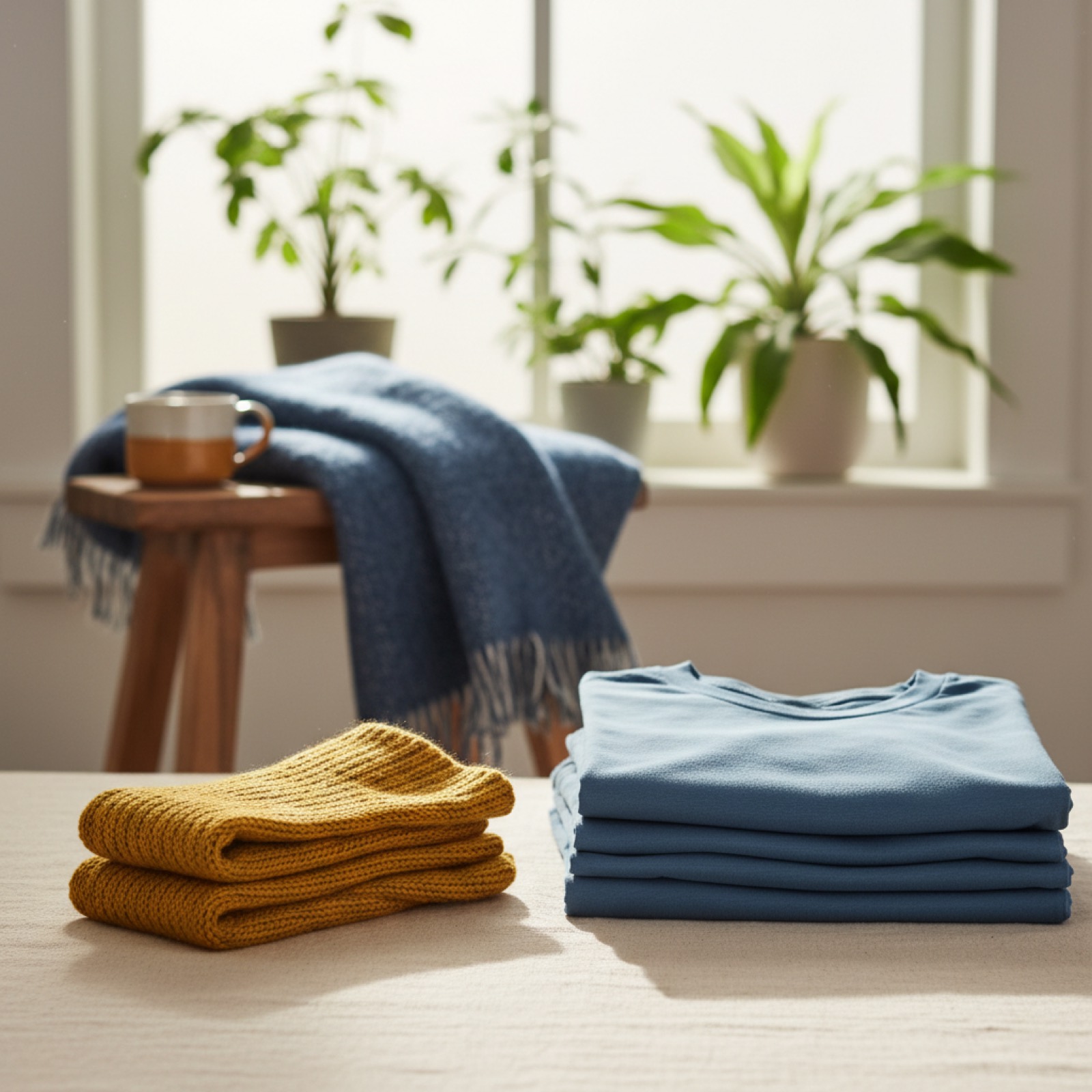 Chaussettes et basiques confort Cottonmere pliés dans la lumière du matin